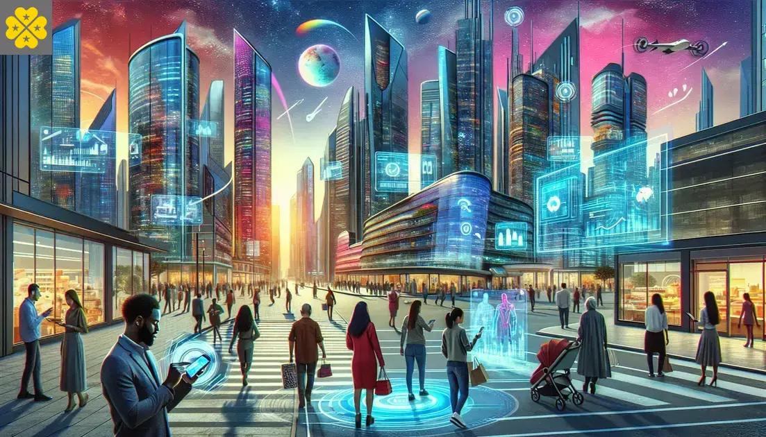 Uma cidade futurista vibrante e colorida com arranha-céus altos e elegantes, iluminados por luzes brilhantes e displays holográficos. No canto superior esquerdo da tela está presente o símbolo da Luckbet, representado por um trevo de quatro folhas amarelo com pequenas estrelas em cada folha. No céu, há orbes flutuantes e um objeto semelhante a um planeta, sugerindo um cenário de realidade avançada ou alternativa. As ruas estão movimentadas com pessoas, algumas interagindo com interfaces holográficas. No centro, há uma figura transparente azul que parece ser um holograma de uma pessoa. À direita, um veículo elevado semelhante a um trem flutua acima do solo, indicando tecnologia de transporte avançada. A cena transmite um senso de avanço tecnológico e desenvolvimento urbano.